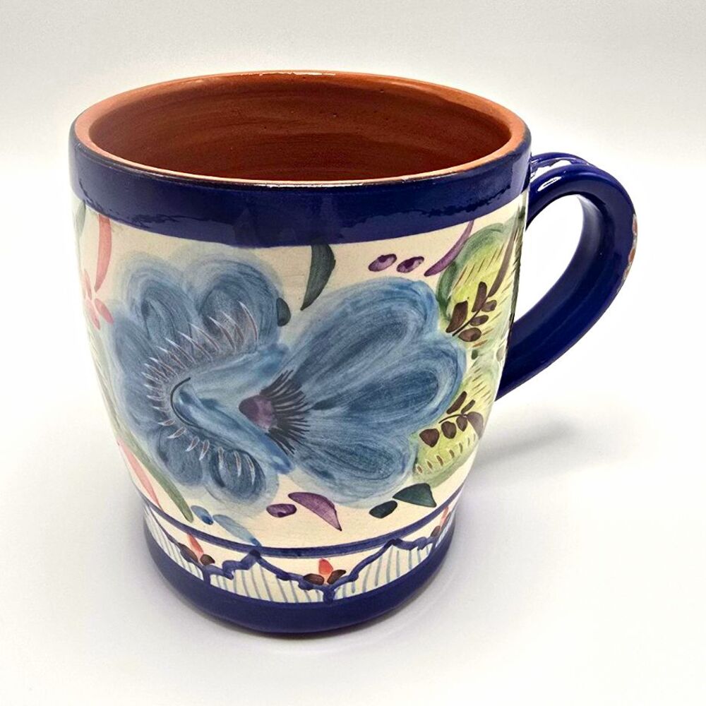 Vintage Casafina Portugal Hand Painted Terracotta Mug Blue Floral Folk Art Signe